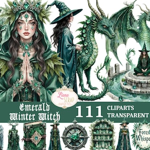 May include: Digital art featuring an emerald green winter witch theme. The image includes illustrations of a witch, dragons, and various fantasy elements. The text "Emerald Winter Witch" and "111 Cliparts Transparent PNG" are also visible.