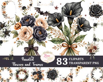 Halloween Floral Clipart – Watercolor Gothic Flowers & Frames (PNG)