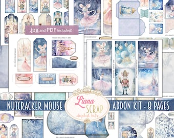 Könnte beinhalten: Ein digitales Scrapbooking-Set mit dem Thema Nussknacker-Maus. Das Set enthält neun Seiten mit druckbaren digitalen Papieren, Verzierungen und Elementen in einem blau-weißen Farbschema. Das Set enthält eine Ballerina-Maus, einen Nussknacker-Soldaten und ein Schloss.