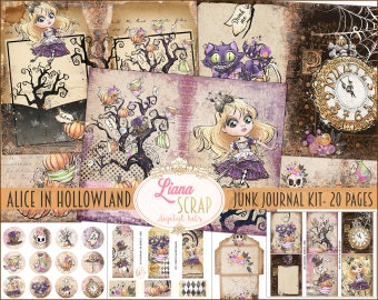 Alice in Hallowland Junk Journal Digital Kit Printable, Alice in Wonderland Collage Sheets, Digital Halloween Junk Journal