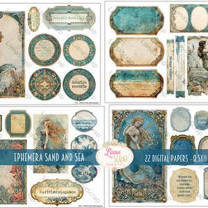 May include: Digital paper set titled "Ephemera Sand and Sea" featuring mermaid illustrations, vintage frames, and ocean-themed designs. Includes 22 digital papers, each 8.5 x 11 inches, with a color palette of teal, beige, and gold.