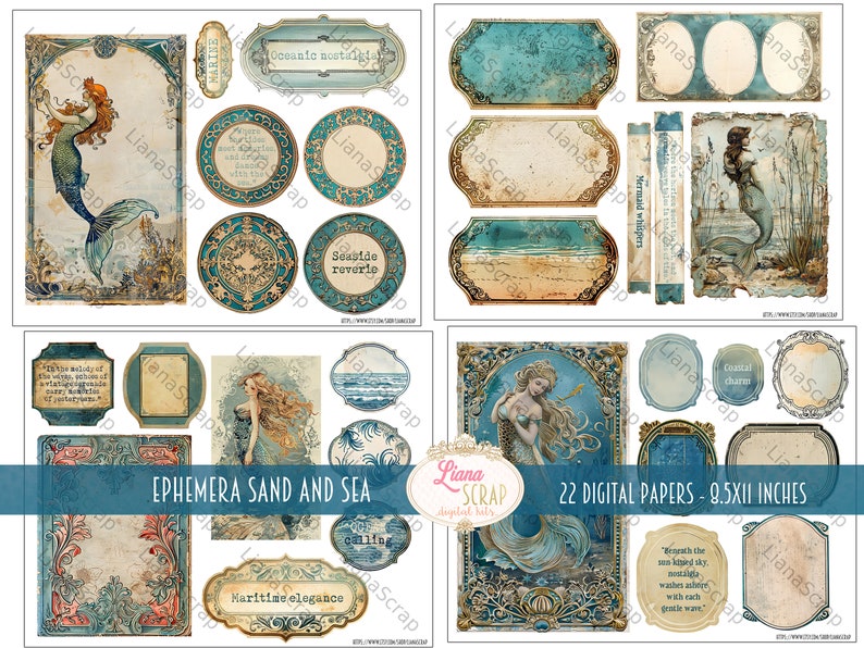 May include: Digital paper set titled "Ephemera Sand and Sea" featuring mermaid illustrations, vintage frames, and ocean-themed designs. Includes 22 digital papers, each 8.5 x 11 inches, with a color palette of teal, beige, and gold.