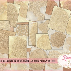 Papel teñido de té con tapetes y encajes beige, diario basura digital papel de 8,5x11 pulgadas, 24 hojas, imprimibles de encaje vintage, kit de diario basura