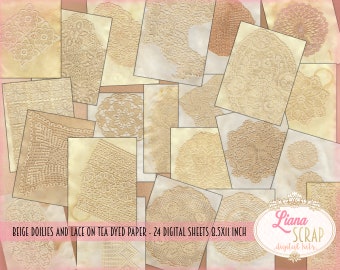 Papel teñido con té, tapetes de encaje beige, kit para diario basura (descarga digital)