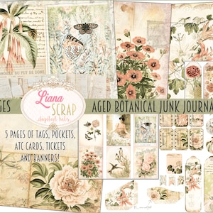 Leeftijd Botanische Junk Journal Digitale Kit Afdrukbaar, Floral Digitale Collagebladen, Vintage Bloemen Junk Journal, Junk Journal Paper