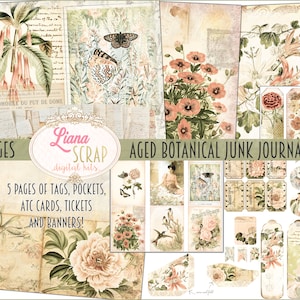 Aged Botanical Junk Journal Digital Kit Printable, Floral Digital Collage Sheets, Vintage Flowers Junk Journal, Junk Journal Paper