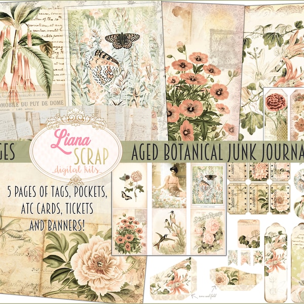 Aged Botanical Junk Journal Digital Kit Printable, Floral Digital Collage Sheets, Vintage Flowers Junk Journal, Junk Journal Paper
