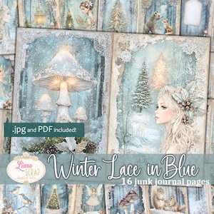 Winterkant in blauw Junk Journal Paper, Magical Woodland Junk Journal, feeën, kanten kleedjes, sprookjesachtige winterpagina's