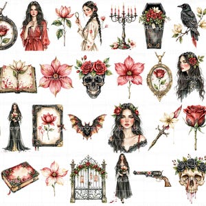 Puede incluir: Ilustraciones en acuarela con temas g&oacute;ticos y rom&aacute;nticos. Incluye retratos, flores, calaveras, un cuervo, un murci&eacute;lago, una llave, un reloj de bolsillo, un ata&uacute;d, un candelabro, una puerta, un libro y una pistola. La paleta de colores es roja, negra y blanca.