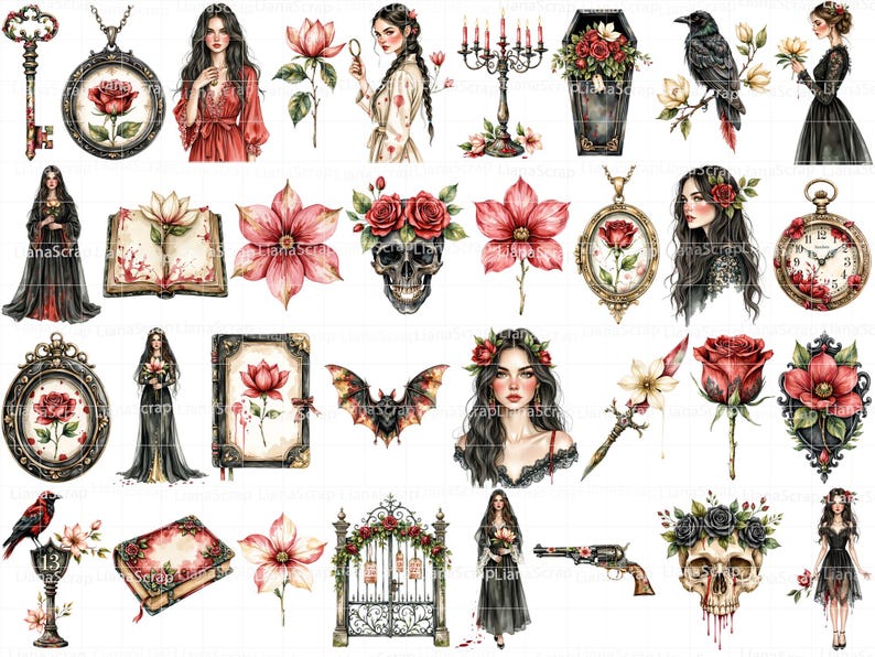 Puede incluir: Ilustraciones en acuarela con temas g&oacute;ticos y rom&aacute;nticos. Incluye retratos, flores, calaveras, un cuervo, un murci&eacute;lago, una llave, un reloj de bolsillo, un ata&uacute;d, un candelabro, una puerta, un libro y una pistola. La paleta de colores es roja, negra y blanca.