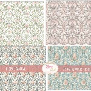 May include: Set of four digital papers featuring floral damask patterns in green, pink, blue, and grey. The papers are 0.5x11 inches and are perfect for scrapbooking, card making, and other crafting projects.