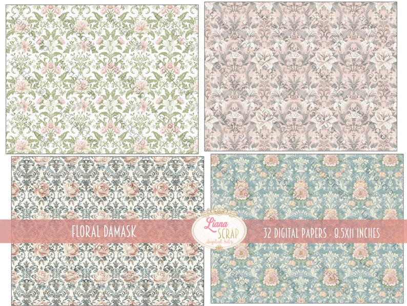 May include: Set of four digital papers featuring floral damask patterns in green, pink, blue, and grey. The papers are 0.5x11 inches and are perfect for scrapbooking, card making, and other crafting projects.