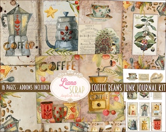 Kaffeebohnen Junk Journal Kit, Kaffee druckbares Journal, Kaffee Illustrationen Collage Sheets, Junk Journal Papier