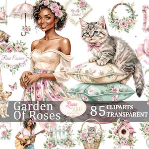 Jardin de roses 85 ensemble de cliparts numériques, Illustrations florales, PNG Transparent, mariage vintage, album, Art, éléments de conception, agenda