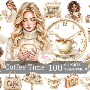 Coffee Time 100 Clipart Bilder PNG Coffee Shop Digital Planner Stickers Aquarell Illustrationen, Minimalistische Freizeit