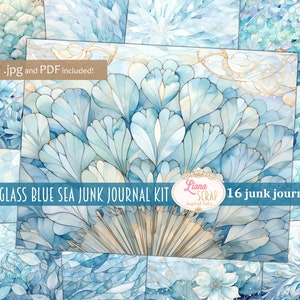 Gebrandschilderd glas Blue Sea Junk Journal, basisachtergrondpapier, digitaal papier, afdrukbaar, glas-in-loodtijdschrift, vintage papier, zeeachtergrond
