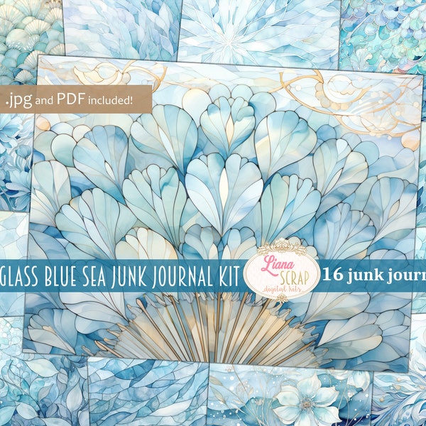 Stained Glass Blue Sea Junk Journal, basic background paper, digital paper, printable, stained glass journal, vintage paper, sea background