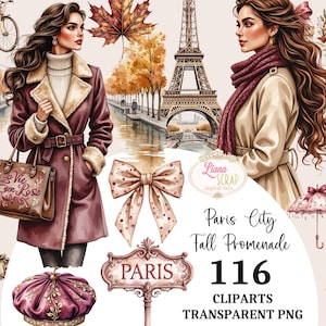 May include: Digital clip art set titled "Paris City Fall Promenade" featuring illustrations of women, the Eiffel Tower, and fall-themed accessories. Includes a burgundy coat, a brown handbag with text, and a pink bow.