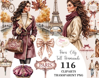 Parisian Autumn Watercolor Clipart – Fall Promenade PNG Images (Digital Download)