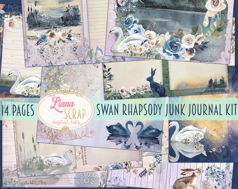 May include: A collection of 14 pages of digital junk journal kit, featuring watercolor illustrations of swans, rabbits, and floral arrangements in shades of blue, white, and gold. The text "Swan Rhapsody Junk Journal Kit" is visible.