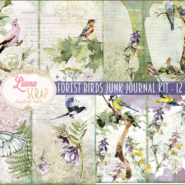 Forest Birds Junk Journal Digital Kit Printable, Birds and Flowers Digital Collage Sheets, Wildflowers Junk Journal, Junk Journal Paper