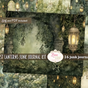 Forest Lanterns Digital Junk Journal Achtergrond, Forest Collage Printable, Digital Junk Journal, Nature Journal Paper, Forest achtergrond
