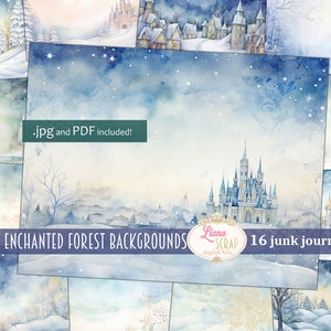 Fundo de diário de lixo digital da floresta encantada de inverno, colagem de inverno para impressão, papel de diário de lixo digital azul, papel de diário de conto de fadas