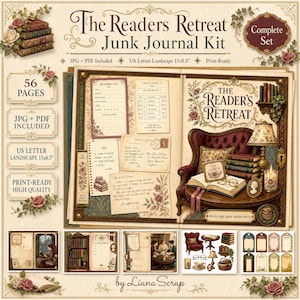 May include: The Readers Retreat Junk Journal Kit includes 56 pages in US Letter Landscape 11x8.5 inch format. The kit features vintage-style illustrations of books, reading logs, postcards, and library-themed ephemera with floral accents.