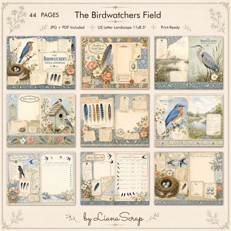 Printable Junk Journal Kit the Birdwatchers Field, 44 Pages of Vintage ...