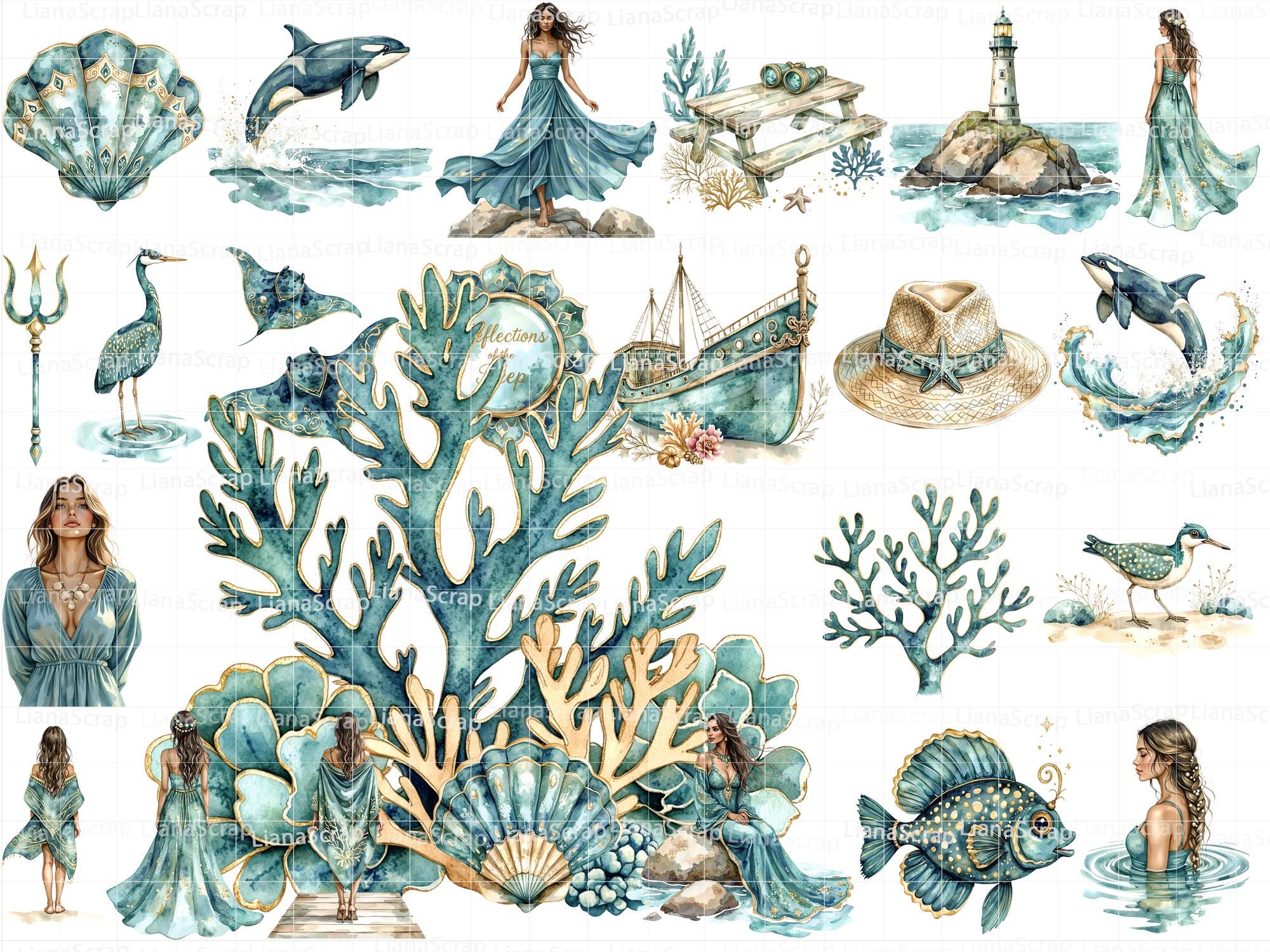 Ocean Mermaid Clipart Set, Watercolor Nautical Graphics (PNG) - Etsy
