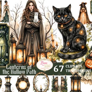 Può includere: Illustrazione digitale con un gatto nero dagli occhi luminosi e lanterne. L'immagine presenta elementi mistici e il testo "Lanterns of the Hollow Path" e "67 Cliparts Transparent PNG", adatta per progetti di arte digitale.