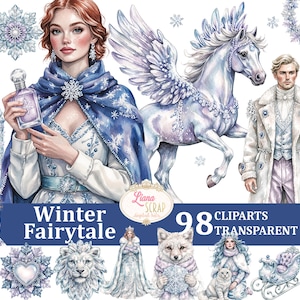 May include: A collection of watercolour illustrations with a winter fairytale theme. The image features a woman, a man, a winged horse, a fox, and other elements. The text "Winter Fairytale" and "98 Cliparts Transparent PNG" are visible.