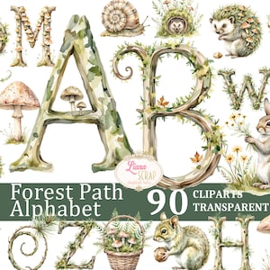 Akvarell skogsalfabet Clipart – Skogsdjur och siffror (90 PNG)