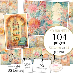 Junk Journal - Verano mediterráneo - Tamaño carta de EE. UU. y A4, páginas para mezclar y combinar, papel digital con patrón Chintz en PDF y JPG imprimibles