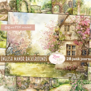 Maniero inglese, diario spazzatura digitale, collage da giardino stampabile, sfondo, carta per diario naturalistico, giardini con bellissimi fiori