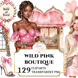 Puede incluir: Conjunto de imágenes prediseñadas digitales con ilustraciones de mujeres, accesorios de moda y elementos de boutique. Incluye un vestido rosa, tacones altos y una ventana con cortinas de estampado de leopardo. El texto dice "Wild Pink Boutique".