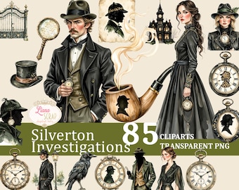 Può includere: Set di clipart digitali con illustrazioni vintage di detective, orologi da tasca, una lente d'ingrandimento, una pipa e un corvo. Sono inclusi anche i testi "Silverton Investigations" e "85 Cliparts Transparent PNG". La tavolozza dei colori comprende tonalità di marrone, nero e beige.