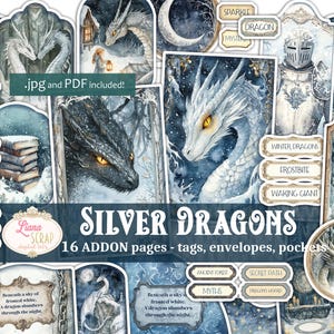 Kit adicional para diario basura de dragones plateados, imprimible de fantasía, efímera para diario basura de dragones de invierno, recortes, etiquetas, sobres, bolsillos y etiquetas