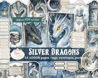 May include: A digital art collection titled "Silver Dragons" featuring watercolor illustrations of dragons, fantasy scenes, and decorative elements. Includes tags, envelopes, and pockets. The artwork has a winter theme with shades of blue, silver, and white.