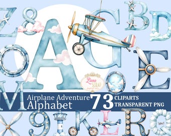 Vintage Airplane Alphabet Clipart – Steampunk Aviation Letters (PNG, Digital)