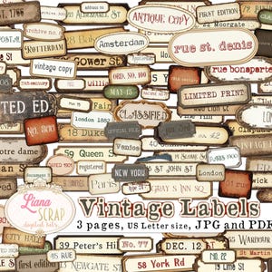 Vintage Grungy-labels, vintage woorden, adressen en cijfers, efemere digitale junkdagboeken, digitale woordstickers voor junktijdschriften