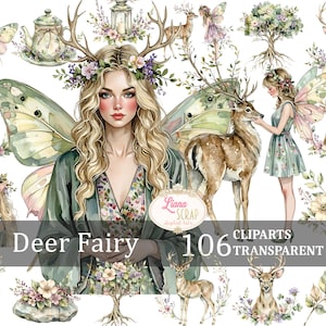 Set di clipart ad acquerello di 106 fatine cervo - Animali della foresta, fate, PNG per scrapbooking digitale, grafica del bosco