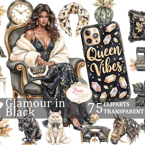 Glamour in Black 75 Clipart Immagini PNG Trasparenti Adesivi per Planner Artistico Digitale Accessori Moda Oro Nero Design Eleganti
