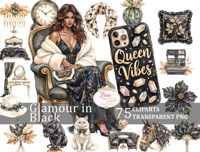 May include: A digital art collection titled "Glamour in Black" featuring a woman in a black dress, a phone case with "Queen Vibes" text, and various elegant accessories. Includes a cat, panther statue, and a vintage camera.