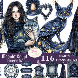Può includere: Set di clipart digitali con una donna, un lupo, un gufo e una donna in abito scuro. Le immagini sono in tonalità blu e oro, con temi celesti e gotici. Il testo recita "Moonlit Crypt Secrets" e "116 Cliparts Transparent PNG".