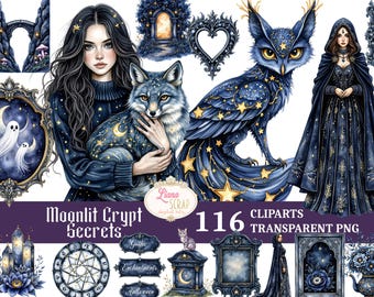 May include: Digital clipart set featuring a woman with a wolf, an owl, and a woman in a dark gown. The images are in shades of blue and gold, with celestial and gothic themes. The text reads "Moonlit Crypt Secrets" and "116 Cliparts Transparent PNG".