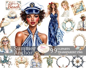 Watercolor Nautical Clipart Set – Summer Beach Designs (99 PNG)