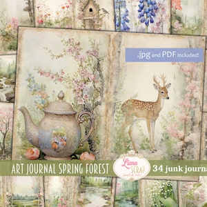 Art Journal Spring Forest, Digital Junk Journal, Nature Digital Paper, Collage con animales del bosque, follaje y flores vibrantes de primavera