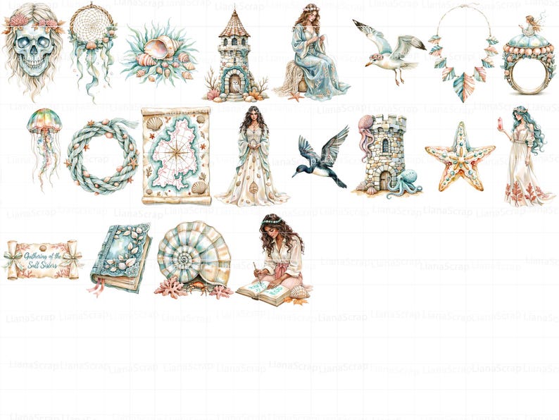 Watercolor Seaborn Witch Clipart Set – Witchcore PNG Graphics (89 Images) image 4