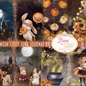 Halloween Story Junk Journal Digital Kit Printable, Magical Halloween Creatures Digital Collage Sheets,  Halloween Junk Journal Kit